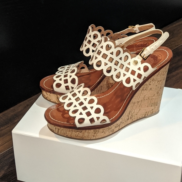 Tory Burch Shoes - Tory Burch Nori White Leather Wedge Sandal 8.5